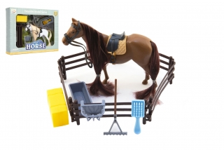 Kůň česací s doplňky a ohradou plast 2 barvy v krabici 28x22x5,5cm