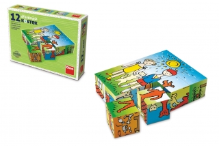 Kostky kubus Pejsek a kočička dřevo 12ks v krabičce 16x12x4cm