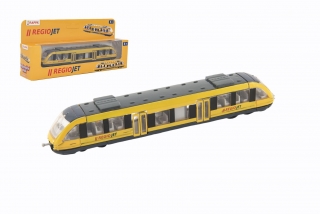 Vlak žlutý RegioJet kov/plast 17cm na volný chod v krabičce 21x9,5x4cm