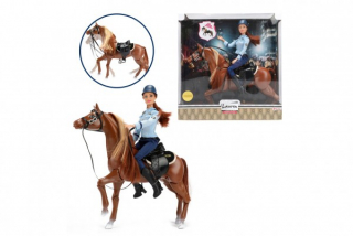 Panenka policistka 30cm na koni se sedlem plast v krabici 34x35x10cm